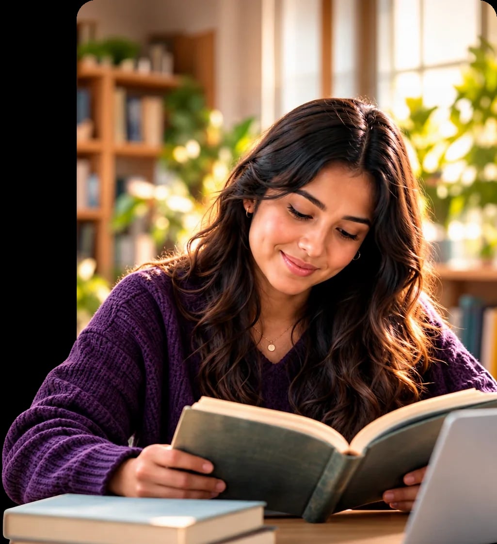 Joven leyendo un libro junto a una ventana con plantas