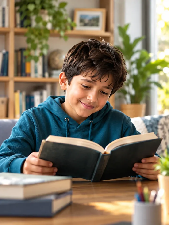 Niño sonriendo mientras lee un libro