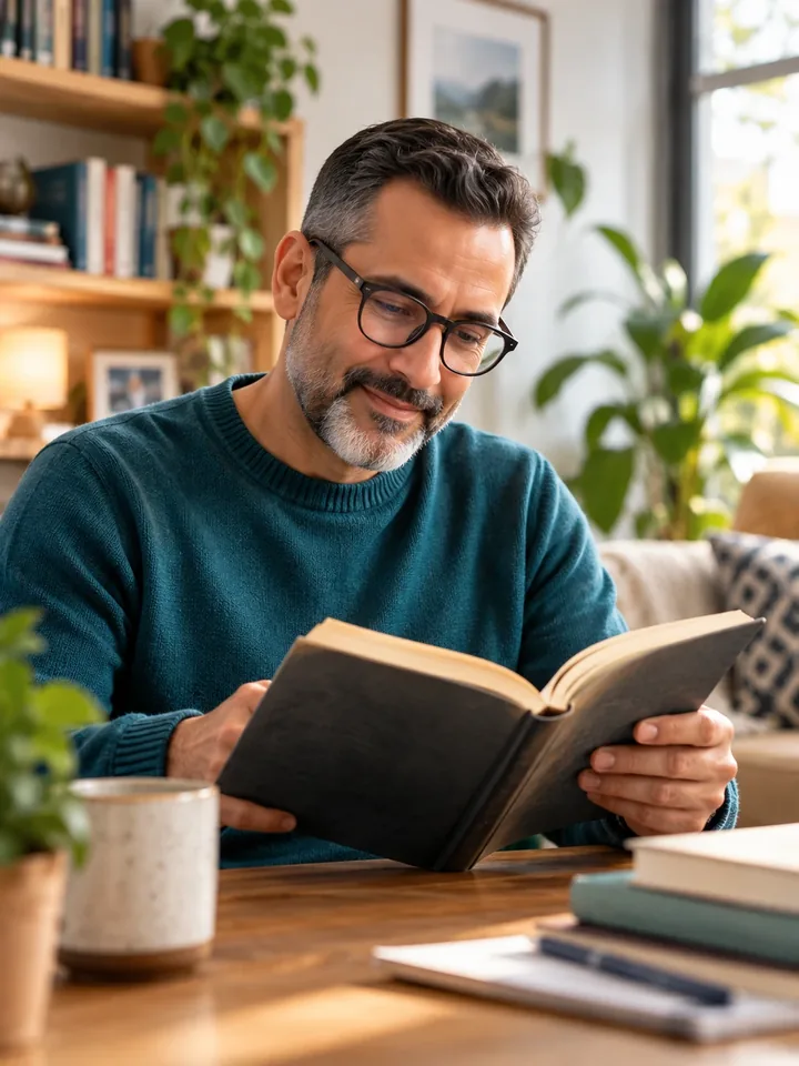 Hombre con lentes leyendo un libro en casa