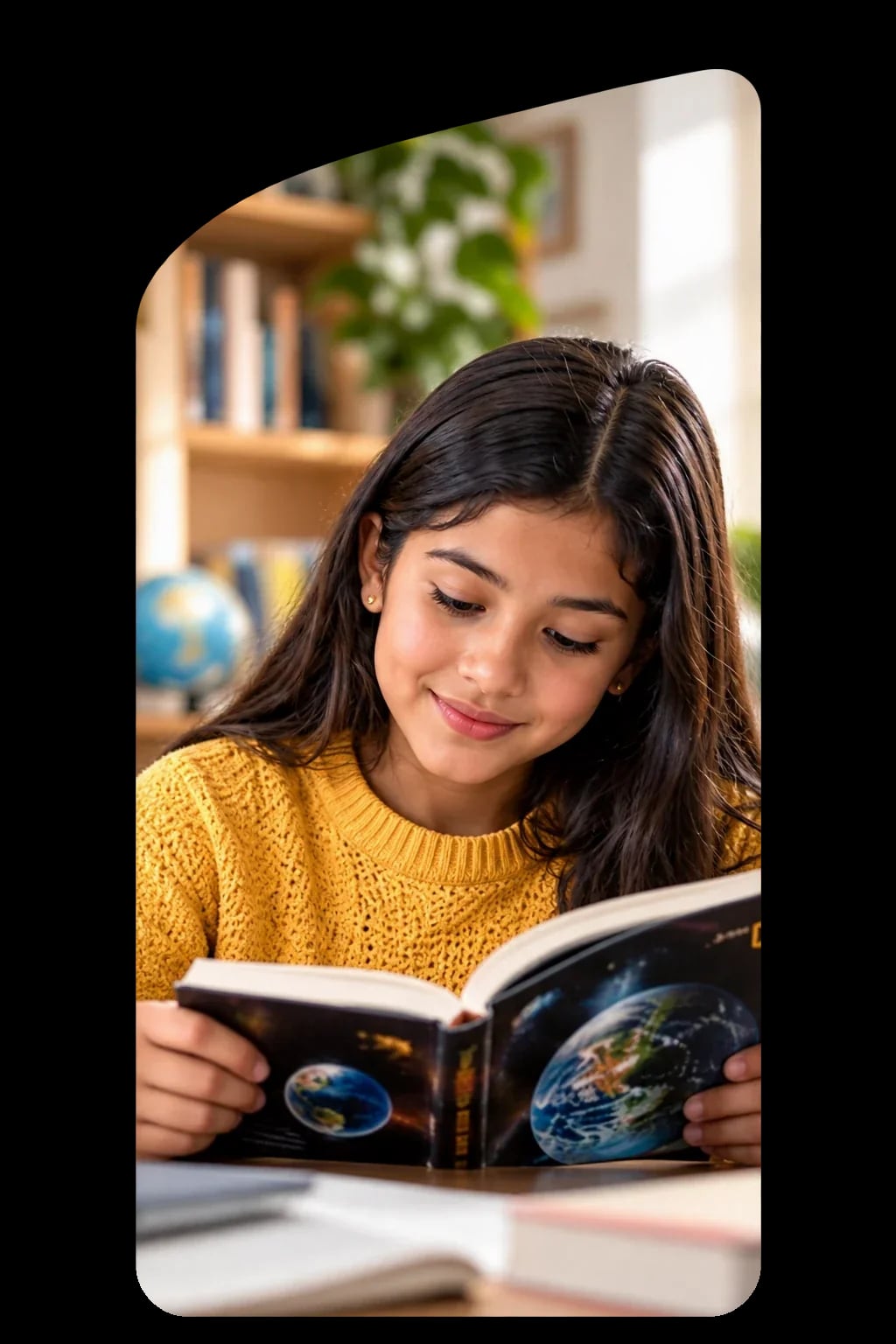 Niña leyendo un libro ilustrado sobre el espacio
