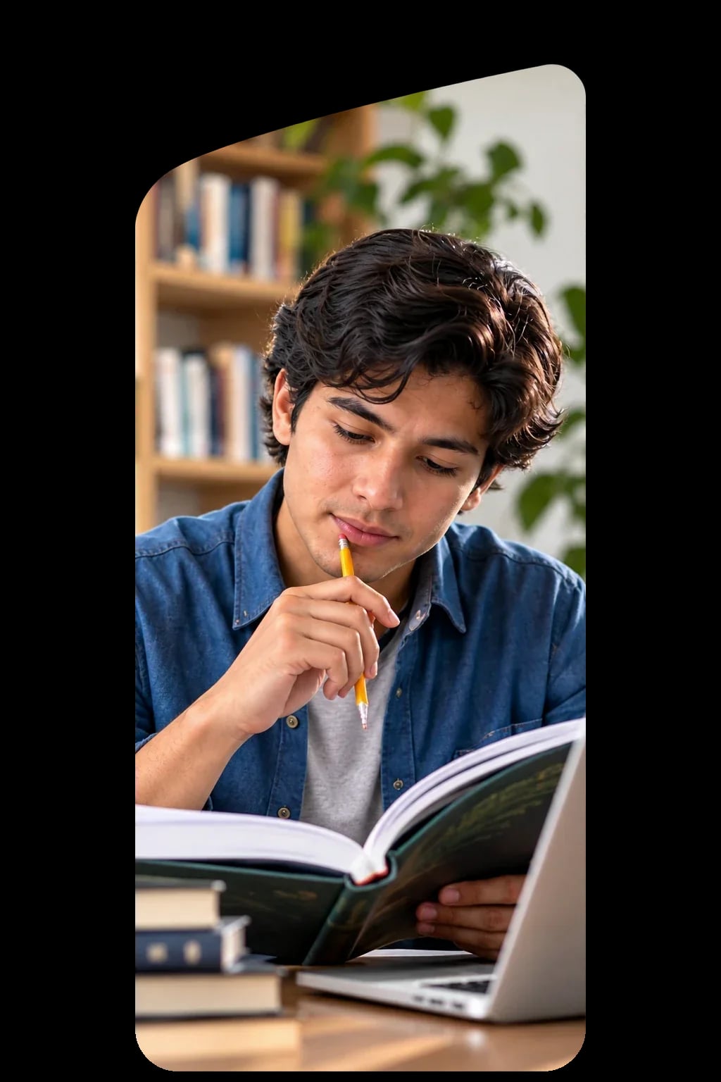 Joven estudiando con un libro y una laptop
