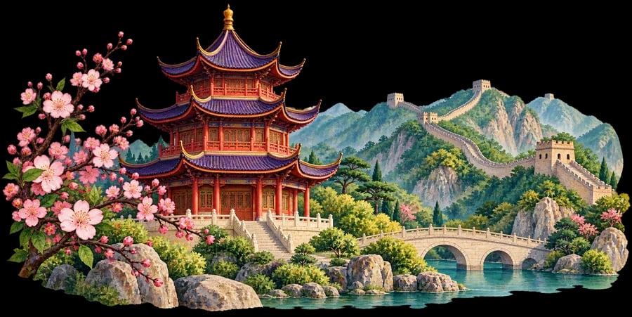 una pagoda china y la Gran Muralla, en Asia: lleva la técnica a tu vida real