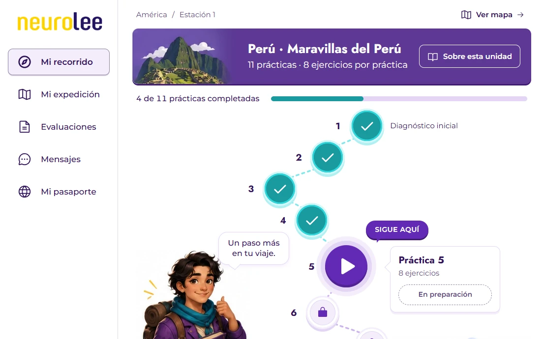 Pantalla del Aula de NeuroLee con el recorrido de prácticas de la estación Perú