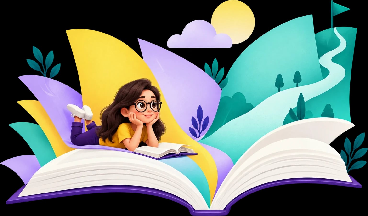 Ilustración de una chica leyendo sobre un libro abierto del que salen un camino, una bandera y las palabras más confianza, nuevos intereses y más oportunidades